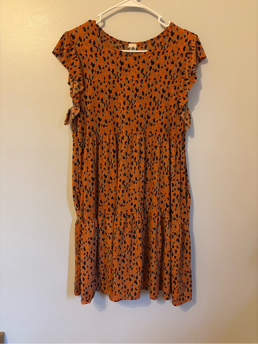 Orange Animal Print Tiered Flutter Sleeve Dress haptics
